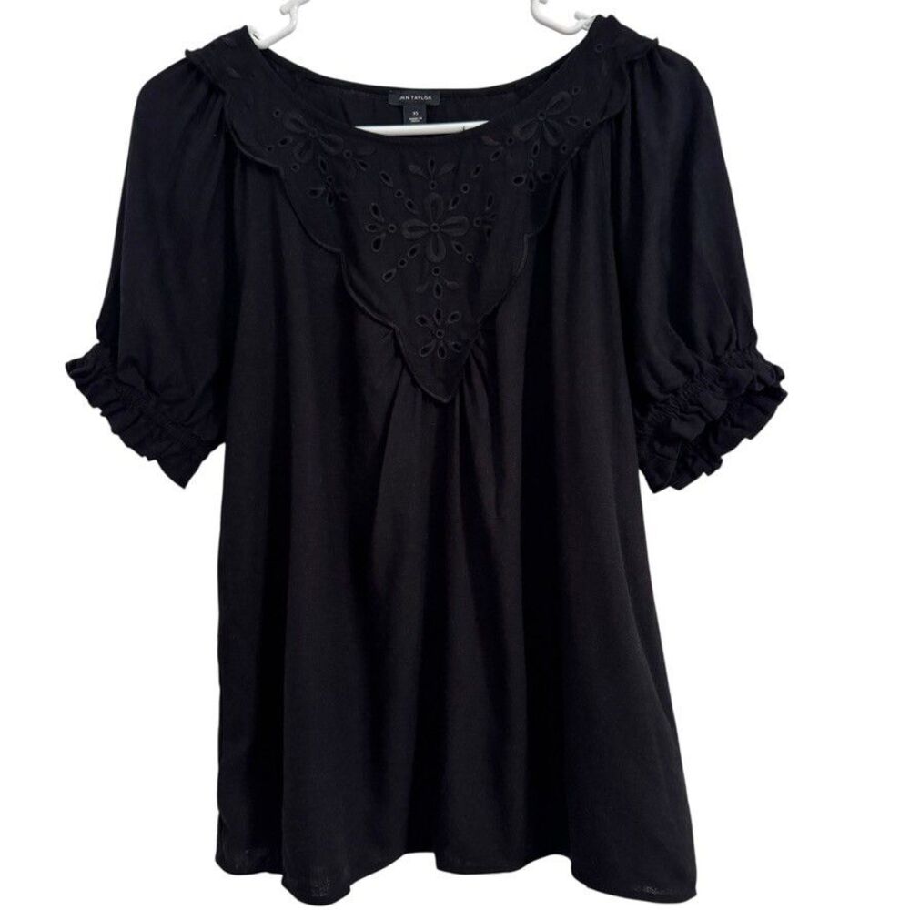 Ann Taylor Womens Size XS Black Puff Short Sleeve Linen Blend Top Shirt